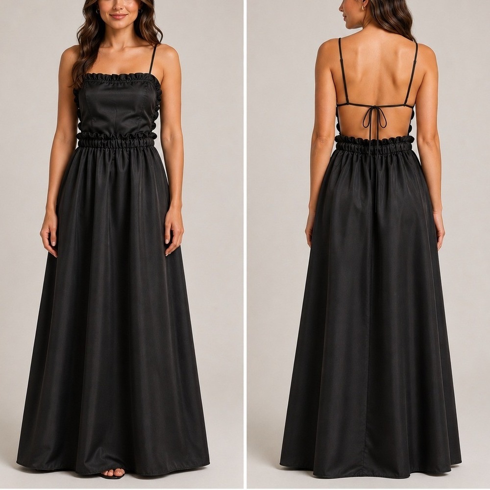 WeWoreWhat Ruffle Bib Maxi Dress S Duchess Satin Black